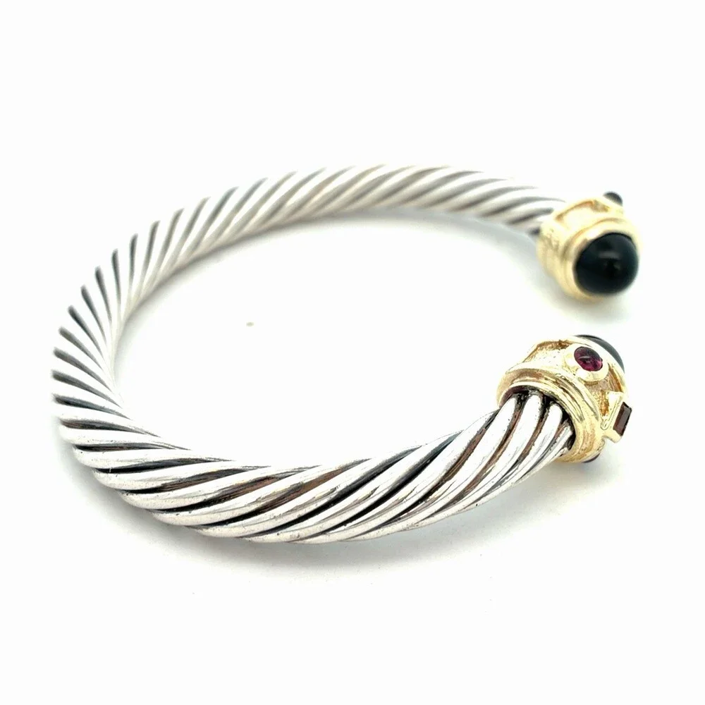 David Yurman Sterling Silver 14K Gold Onyx Renaissance Cablespira Cuff Bracelet